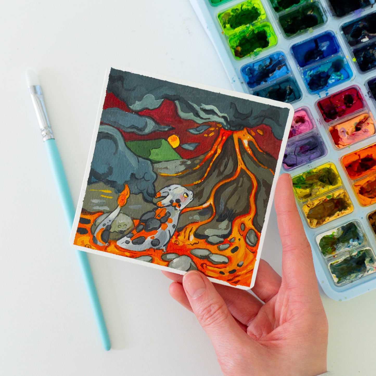 Vulkan-Drache - Botober Gouache Original Gemälde
