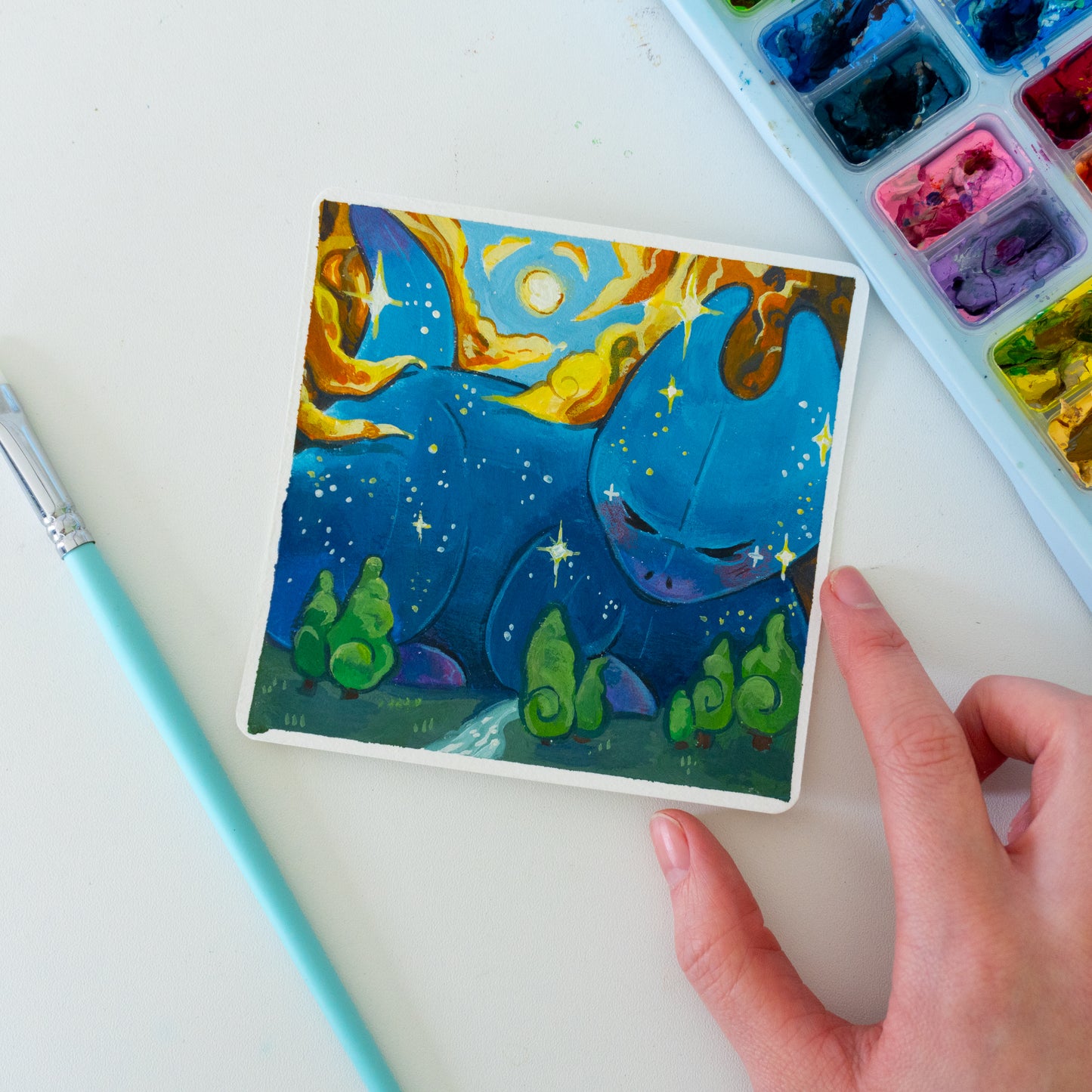 Nacht-Drache - Botober Gouache Original Gemälde
