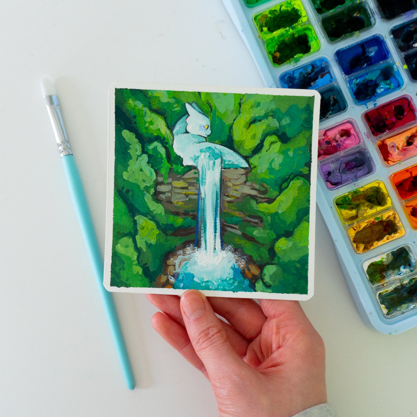 Wasserfall-Drache - Botober Gouache Original Gemälde